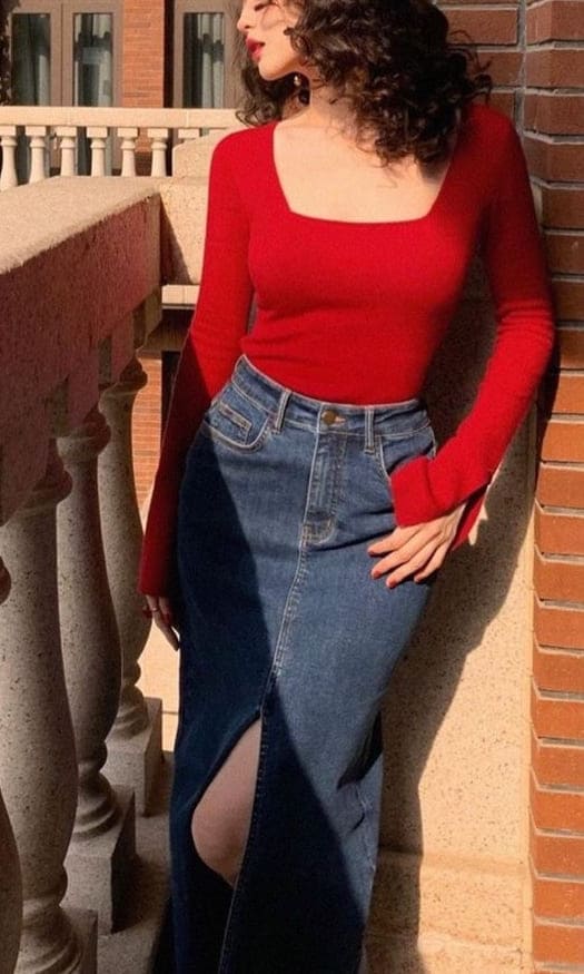 Korean Valentine's Day Outfits: red sweater and long denim skirt