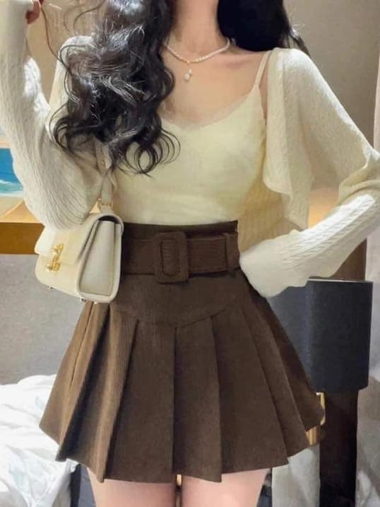 Korean Valentine's Day Outfits: ivory cardigan and dark brown mini skirt 