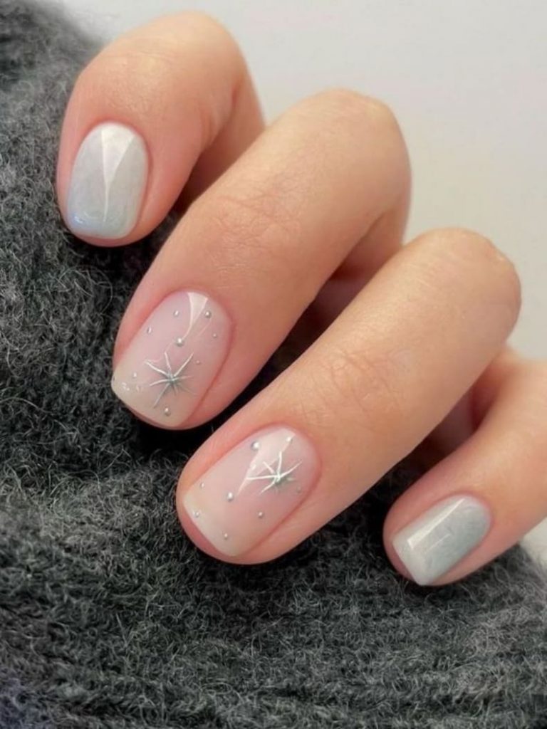 Winter Korean Nails: soft gray with sparkles 
