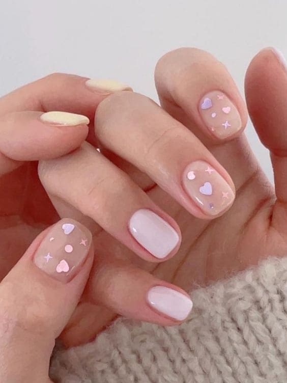 cute Korean heart nail design: baby pink 