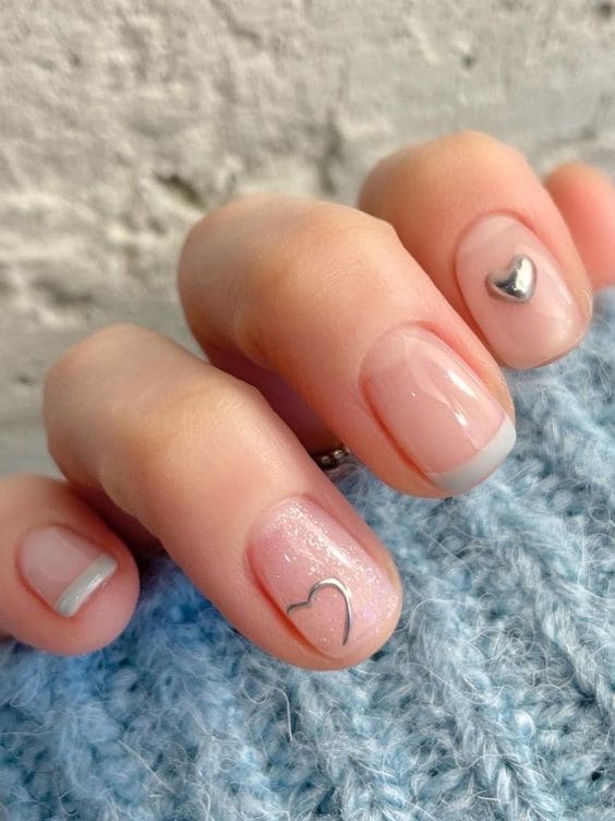 cute Korean heart nail design: light blue tips