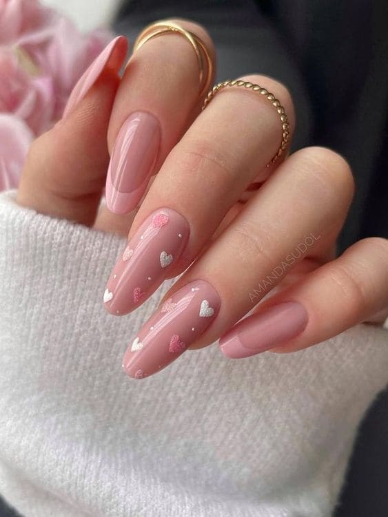 cute heart nails: nude pink acrylics 