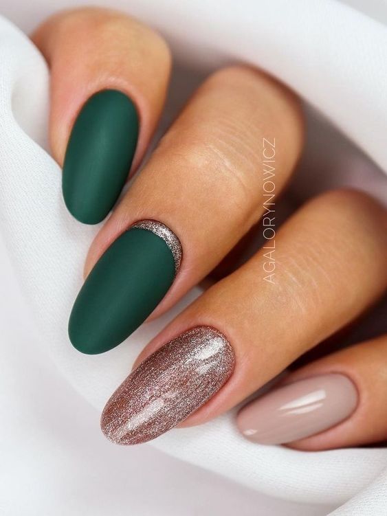 emerald green and nude nails 