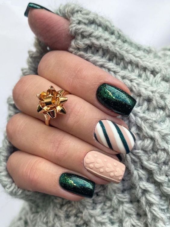 emerald green and nude nails 