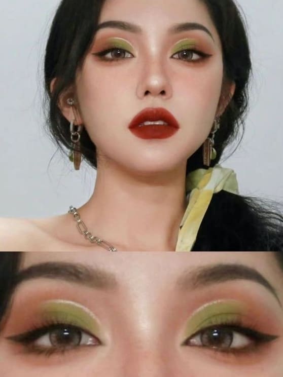 red lipstick makeup look: with green eyeshadow 