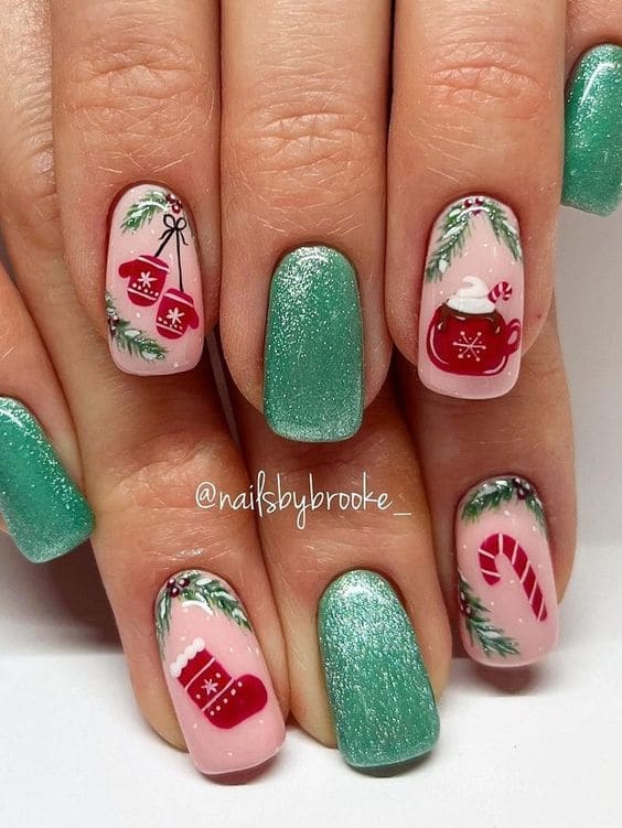 shimmery mint nails with Christmas symbols