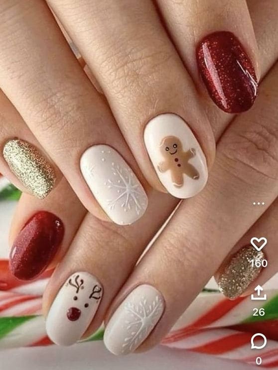 snowflake nails with Christmas symbols 