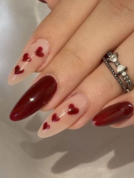 Valentine's Day Acrylic Nails: burgundy and hearts