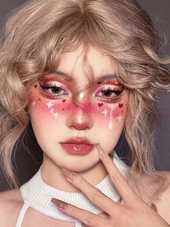 heart makeup: bold red cheeks with freckles 