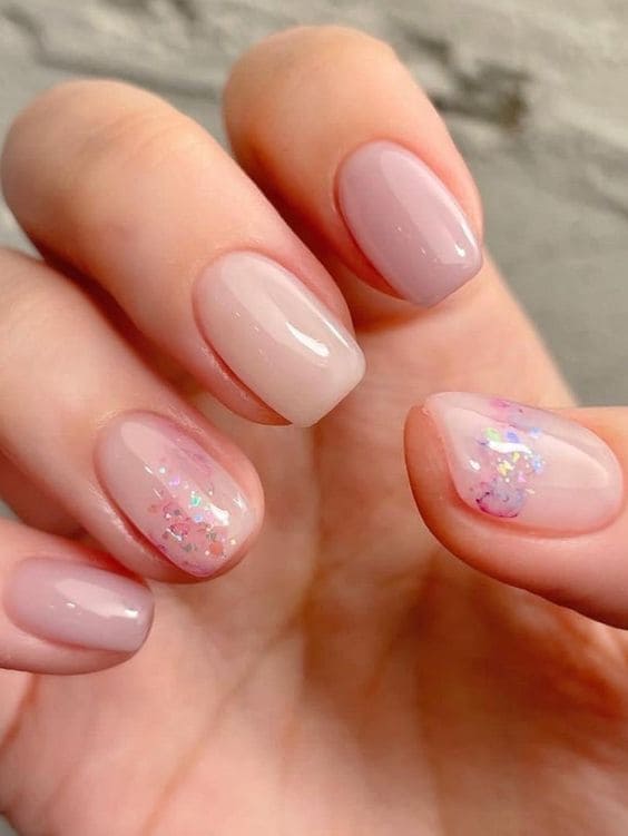 Korean Pink Glitter Nails: Mauve Hues With a Confetti Highlight