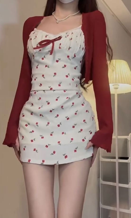 Korean Valentine's Day Outfits: red cardigan and white mini dress