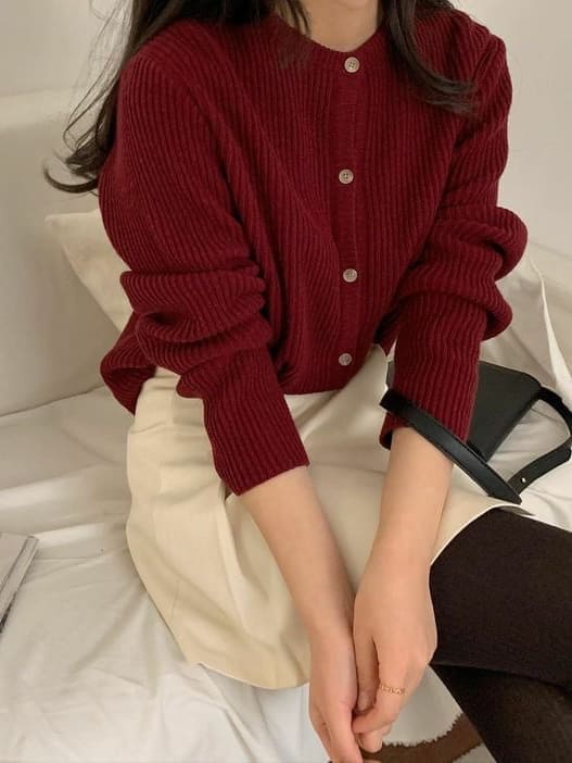 Korean Valentine's Day Outfits: red cardigan and Ivory mini skirt
