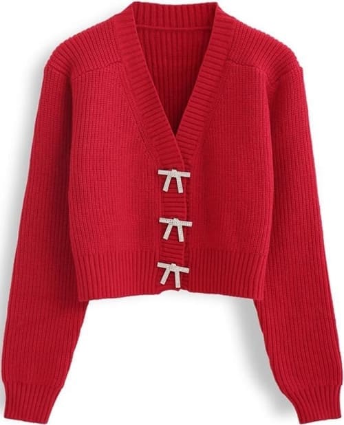 red cardigan with ribbon buttons 