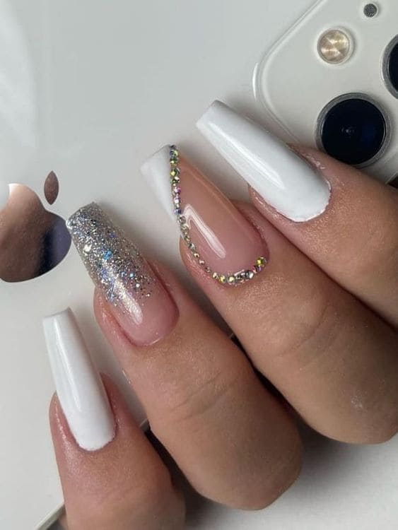 white and sliver nail acrylic nails