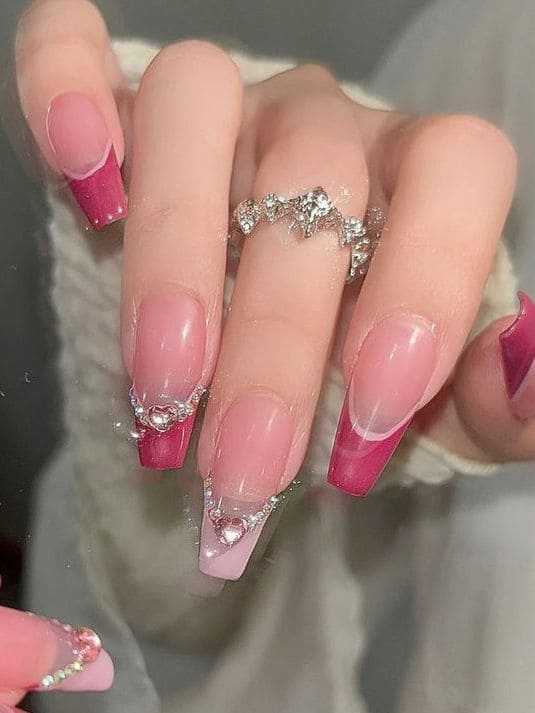 pink French tip nails: rhinestones 