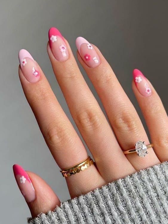 pink French tip nails: flower accent 