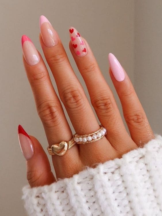 pink French tip nails: heart accent 