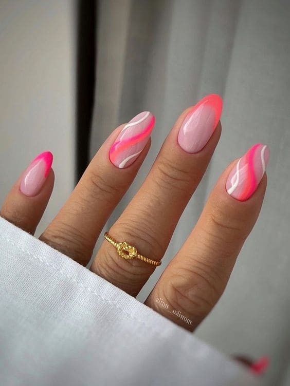 pink French tip nails: neon swirls 