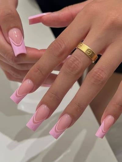 pink French tip nails: double line
