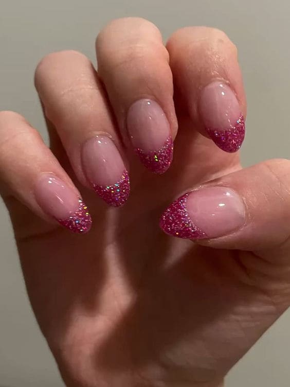 pink French tip nails: hot pink glitter  