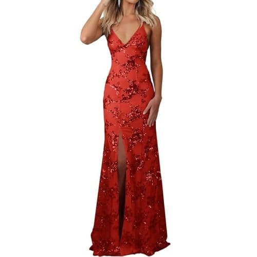 red embroidered long dress