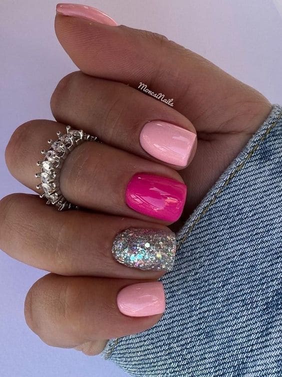 light pink, hot pink, and silver glitter 