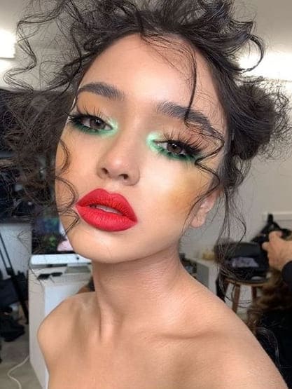 st. patrick's day makeup look: metallic green eyes and red lips