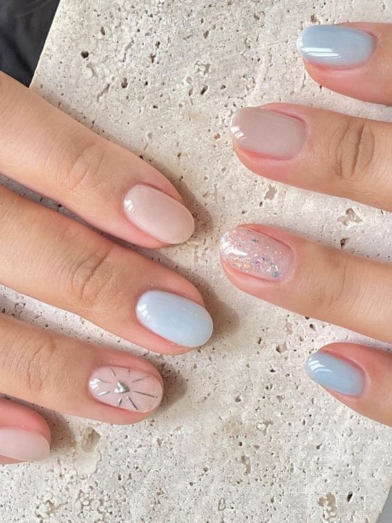 light blue nails: with milky white 