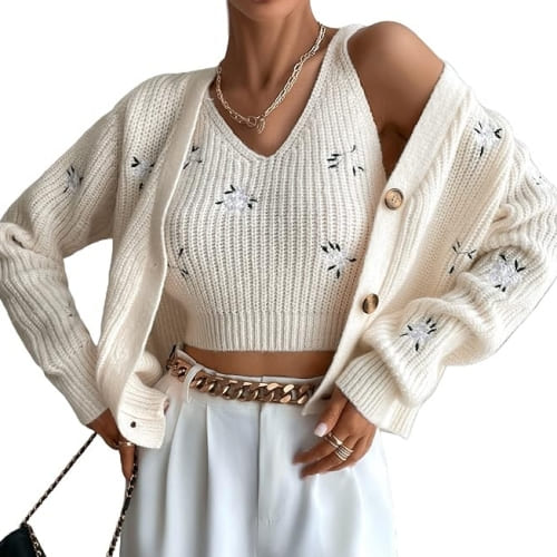 Floral Embroidered Button Front Cardigan 