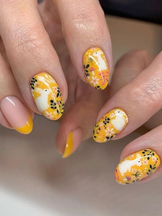 easter nail design: yellow garden