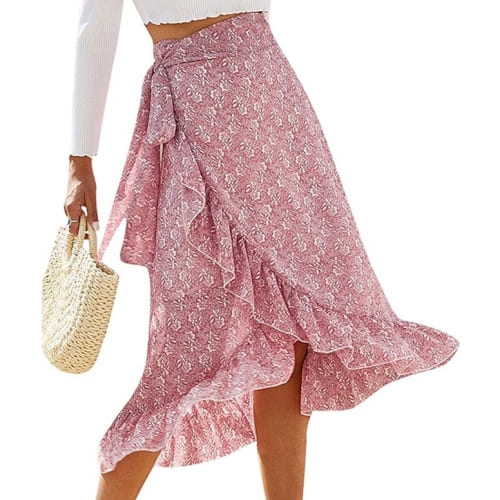pink floral chiffon midi skirt
