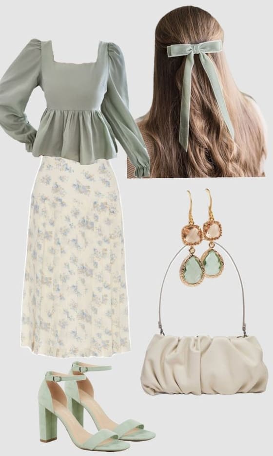 easter outfit: sage green blouse and floral skirt 