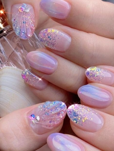 mermaid nail design: glossy lavender with glitter 