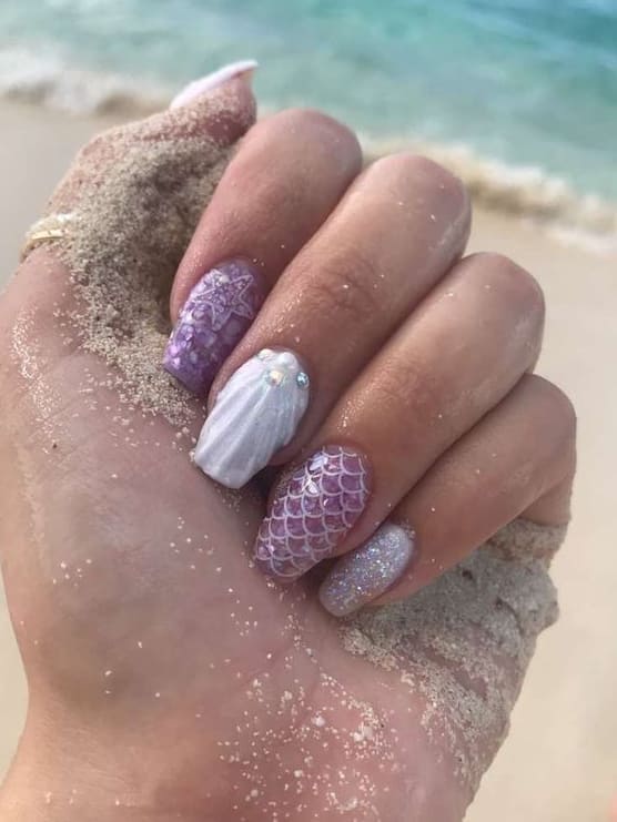 mermaid nail design: purple and white 
