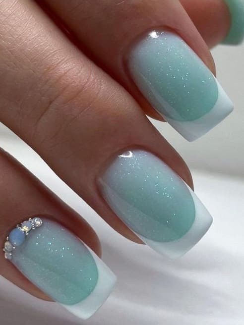 short summer nails: shimmery aqua blue tips