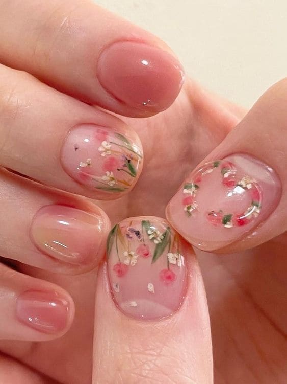 simple flower nail designs: rosy floral field 