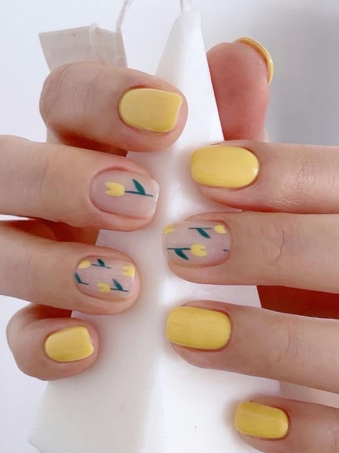 simple flower nail designs: yellow tulips