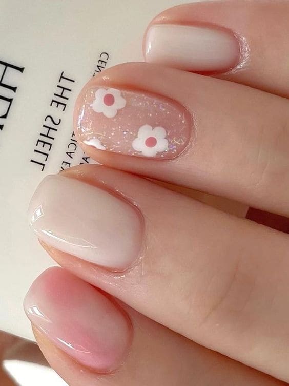 simple flower nail designs: milky white and pink 