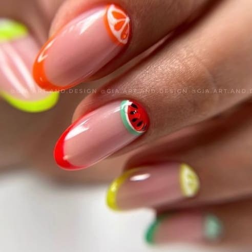 tropical nail design: summer fruit French tips