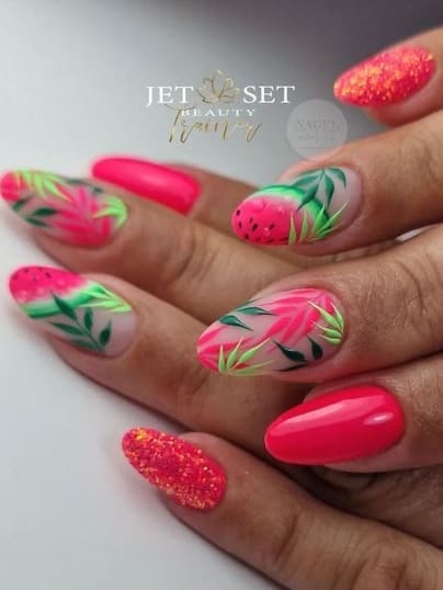 tropical nail design: vibrant leaves and watermelon