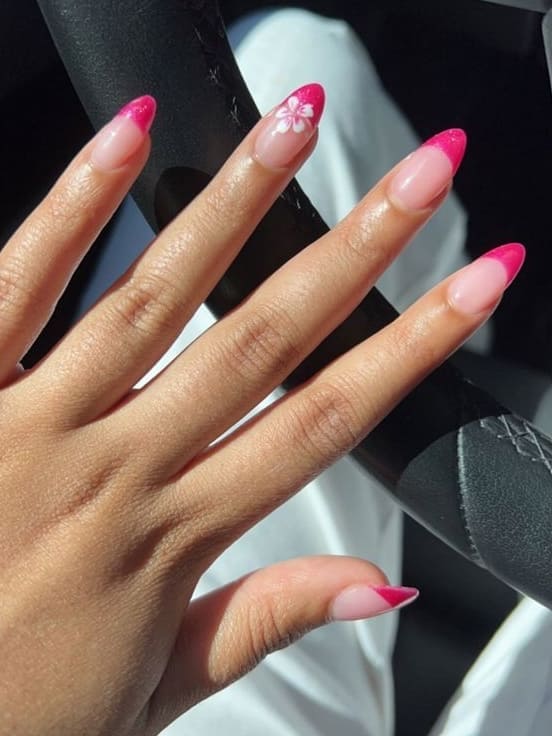 tropical nail design: hot pink French tips