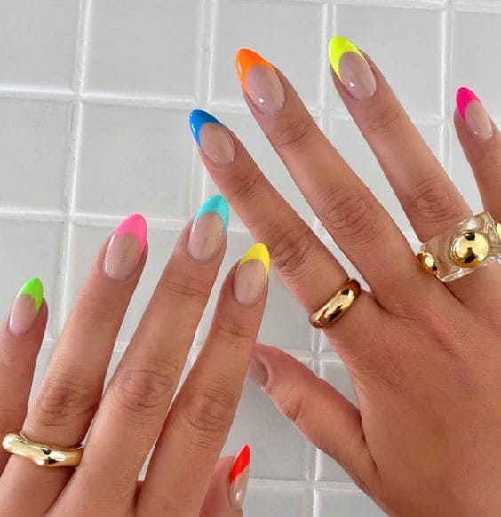 beach nail design: colorful neon French tips