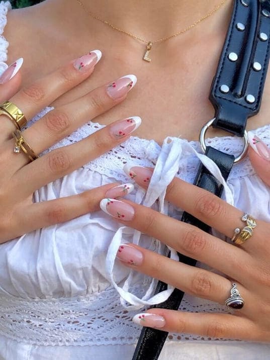 cherry nail design: white French tips