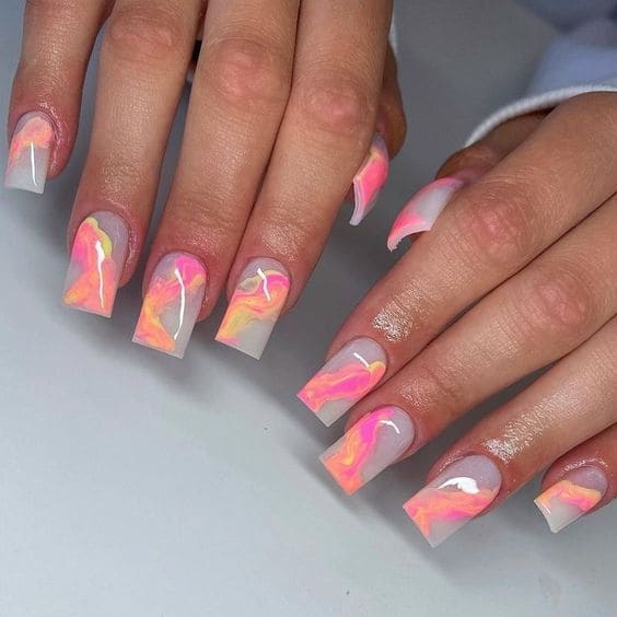 coral nail design: summer pastel marbles 