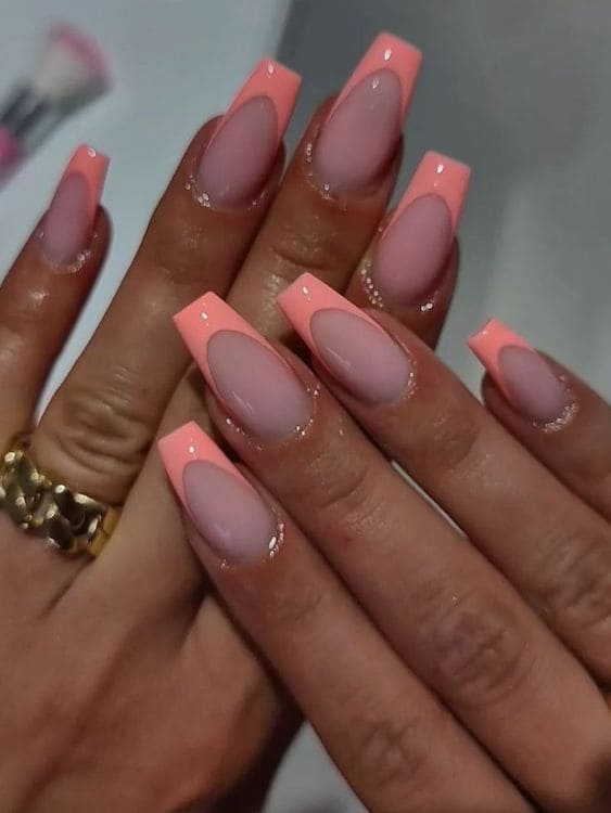coral nail design: French tip coffins 