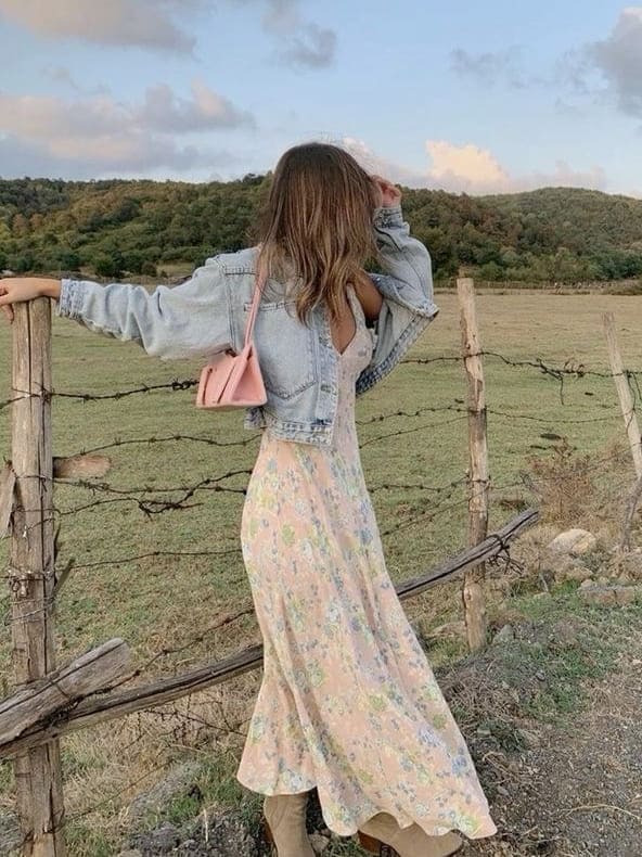 cute summer dress: pastel floral maxi dress with a jean jacket 
