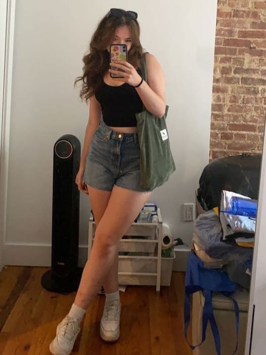 cute summer outfit: black cami top and denim shorts 