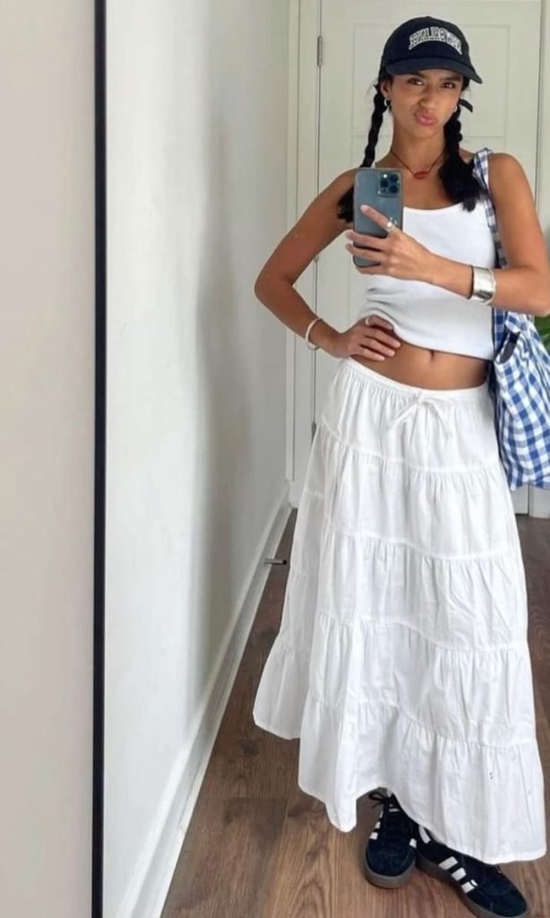 cute summer outfit: white cami and maxi skirt 