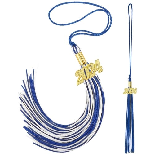 blue and white graduation tassel