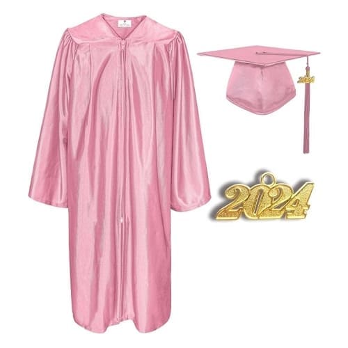 pink satin graduation gown and cap
